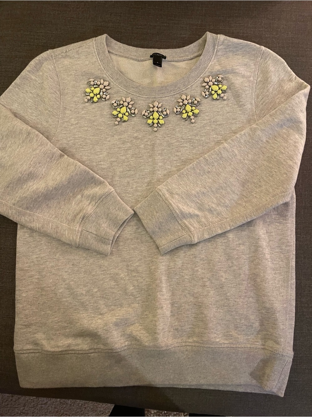 J. Crew Grey Crewneck Sweater with Neon Floral Gem Accents